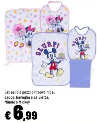 Set asilo 3 pezzi bimbo/bimba: sacca, bavaglia e salvietta, Minnie o Mickey