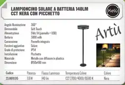 Gbc Kelu Lampioncino solare a batteria 140LM cct nera con picchetto offerta