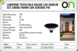 Gbc Lampione testa palo solare led 2000LM CCT 3000K/4000K con sensore pir offerta