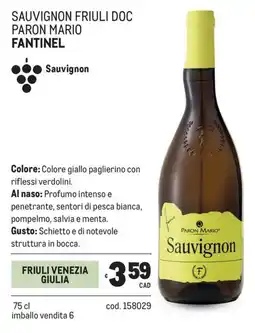 Metro Sauvignon friuli doc paron mario Fantinel offerta