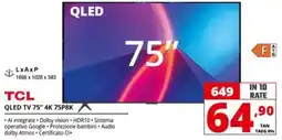 Comet TCL QLED TV 75" 4K 75P8K offerta
