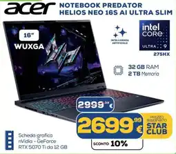 Euronics Acer Notebook Predator Helios Neo 16S AI Ultra Slim offerta