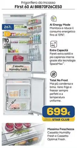 Euronics Frigorifero da incasso First 60 AI BRB70F26CES0 offerta
