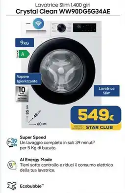 Euronics Lavatrice Slim 1.400 giri Crystal Clean offerta