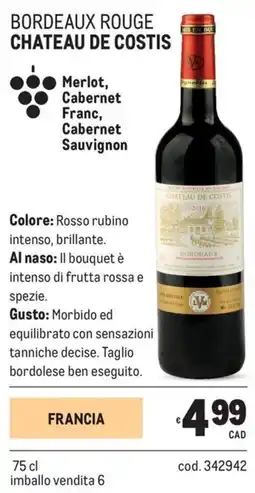 Metro Bordeaux rouge Chateau de Costis offerta