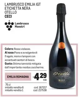 Metro Lambrusco emilia igt etichetta nera otello Ceci offerta