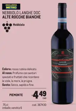 Metro Nebbiolo langhe doc Alte Rocche Bianche offerta