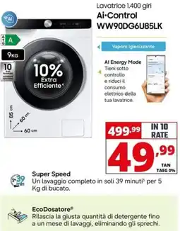Comet SAMSUNG Lavatrice 1.400 giri Ai-Control WW90DG6U85LK offerta