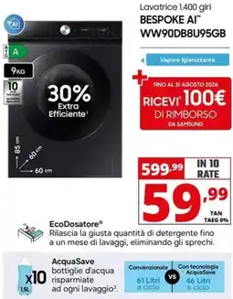 Comet SAMSUNG Lavatrice 1.400 giri BESPOKE AI WW90DB8U95GB offerta