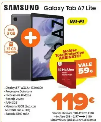 Expert Galaxy tab a7 lite sm-t220n 32 gb 22,1 cm (8.7") 3 gb wi-fi 5 (802.11ac) grigio offerta