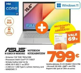 Expert Vivobook 15 k513ea-bn1135 computer portatile 39,6 cm (15.6") full hd intel® core™ i7 di undicesima generazione 8 gb ddr4-sdra offerta