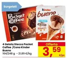 Eurospar Gelato Stecco Pocket Coffee /Cono Kinder Bueno offerta