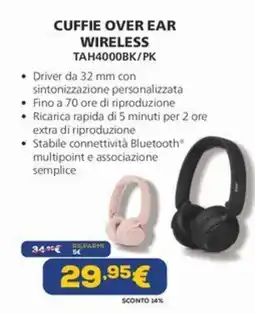 Euronics CUFFIE OVER EAR WIRELESS TAH4000BK/PK offerta