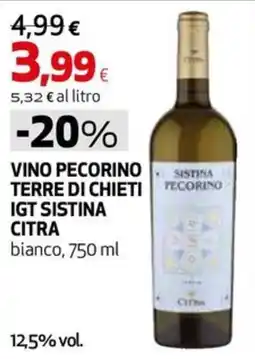 Extracoop Vino Pecorino Terre di Chieti IGT Sistina Citra offerta