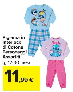 Carrefour Pigiama in Interlock di Cotone Personaggi Assortiti offerta