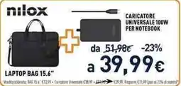 Unieuro nilox LAPTOP BAG 15.6" + CARICATORE UNIVERSALE 100W PER NOTEBOOK offerta