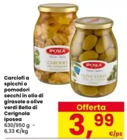 Interspar Carciofi a spicchi o pomodori secchi in olio di girasole o olive verdi Bella di Cerignola Iposea offerta