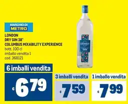 Metro LONDON DRY GIN 38° COLUMBUS MIXABILITY EXPERIENCE offerta