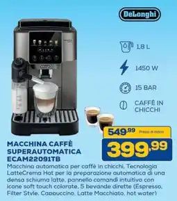 Euronics DeLonghi MACCHINA CAFFÈ SUPERAUTOMATICA ECAM22091TB offerta