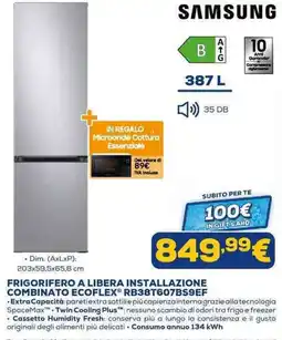 Euronics SAMSUNG FRIGORIFERO A LIBERA INSTALLAZIONE COMBINATO ECOFLEX® RB38T607BS9EF offerta