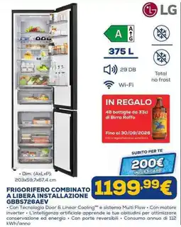 Euronics FRIGORIFERO COMBINATO A LIBERA INSTALLAZIONE GBBS726AEV offerta