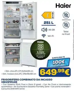 Euronics Haier FRIGORIFERO COMBINATO DA INCASSO HBQW5518E offerta