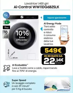 Euronics Samsung Lavatrice 1.400 giri Ai·Control WW11DG6B25LK offerta