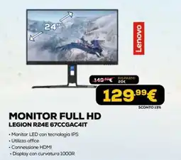Euronics Lenovo monitor full hd legion R24E 67CCGAC4IT offerta
