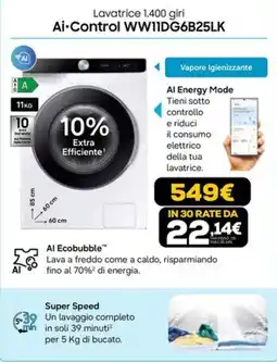 Euronics Samsung Lavatrice 1.400 giri Ai·Control WW11DG6B25LK offerta