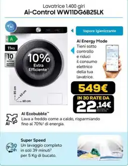 Euronics Samsung Lavatrice 1.400 giri Ai·Control WW11DG6B25LK offerta