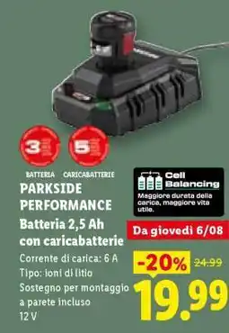 Lidl Parkside Performance Batteria 2,5 Ah con caricabatterie offerta
