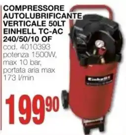 Mondo Brico COMPRESSORE AUTOLUBRIFICANTE VERTICALE 50LT EINHELL TC-AC offerta