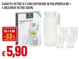 Galassia superstore Caraffa vetro 1lt con coperchio in polipropilene + 4 bicchieri vetro 200ml offerta