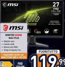 Unieuro Monitor gaming MSI MAG 27C6X offerta