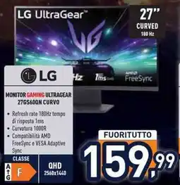 Unieuro LG MONITOR GAMING ULTRAGEAR 27GS60QN CURVO offerta