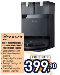 Unieuro Ecovacs robot aspirapolvere e lavapavimenti Deebot T50 OMNI Gen 3 Black offerta