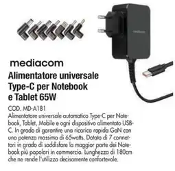 Wellcome mediacom Alimentatore universale Type-C per Notebook e Tablet 65W offerta
