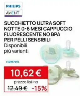 Prenatal Philips Avent Succhietto ultra soft notte 0-6 mesi cappuccio fluorescente no bpa per pelli sensibili offerta
