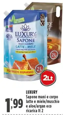 Rossotono Carrefour Luxury Sapone mani e corpo latte e miele/muschio e aloe/argan eco ricarica offerta