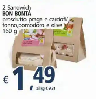 Alter Discount Bon Bontà 2 Sandwich Prosciutto praga e carciofi/tonno, pomodoro e olive 160g offerta
