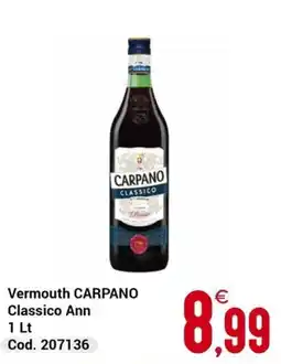 Centro Cash Vermouth CARPANO Classico Ann offerta