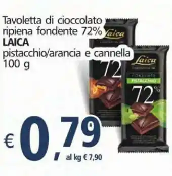 Laica Tavoletta di cioccolato ripiena fondente 72% pistacchio/arancia e cannella 100g