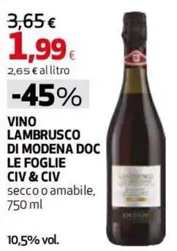 Ipercoop Vino Lambrusco di Modena Doc Le Foglie Civ & Civ offerta