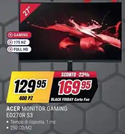 Trony Acer monitor gaming ed270r s3 offerta