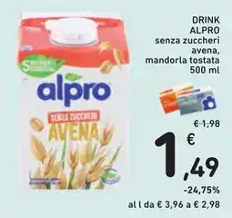 Conad Drink Alpro senza zuccheri avena, mandorla tostata offerta