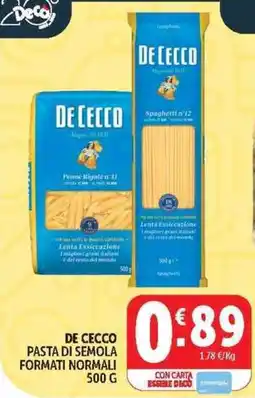 Deco Supermercati De Cecco pasta di semola formati normali offerta
