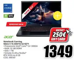 MediaWorld Acer Notebook Gaming Nitro V 15 offerta
