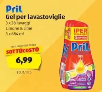 ALDI Pril Gel per Lavastoviglie 3x38 lavaggi Limone & Lime 3x684 ml offerta