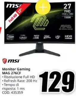 MediaWorld Monitor Gaming MSI MAG 276CF offerta