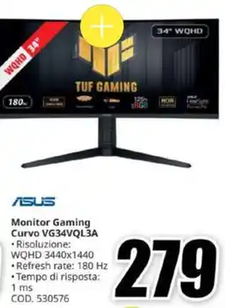 MediaWorld Asus monitor gaming curvo vg34vql3a offerta